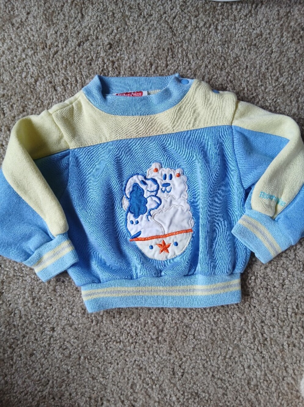 Vintage Fischer Price Blue and Pale Yellow Baby Sweater with Bear Puppy Patch